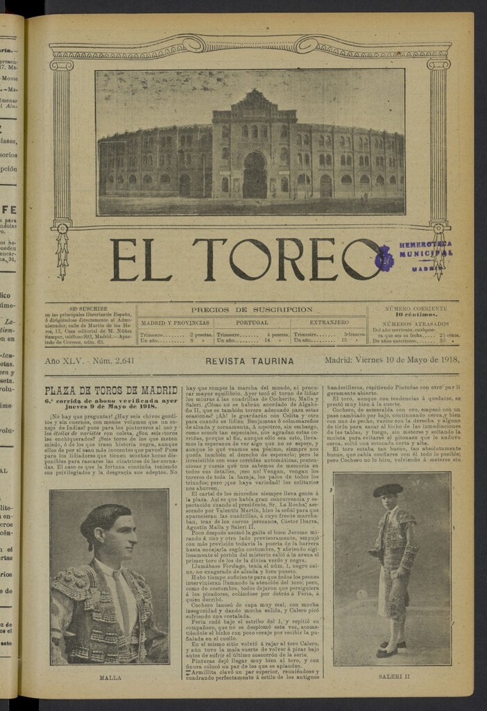 Miniatura de El Toreo: suplemento a "La Correspondencia Teatral" del 10 de mayo de 1918, nº 2641