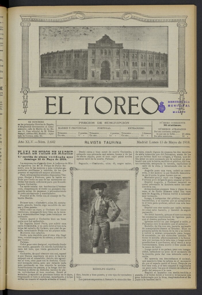 Miniatura de El Toreo: suplemento a "La Correspondencia Teatral" del 13 de mayo de 1918, nº 2642