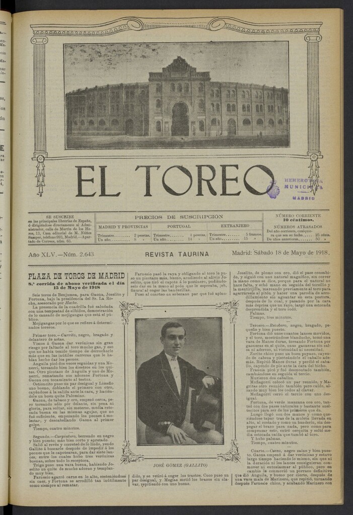 Miniatura de El Toreo: suplemento a "La Correspondencia Teatral" del 18 de mayo de 1918, nº 2643