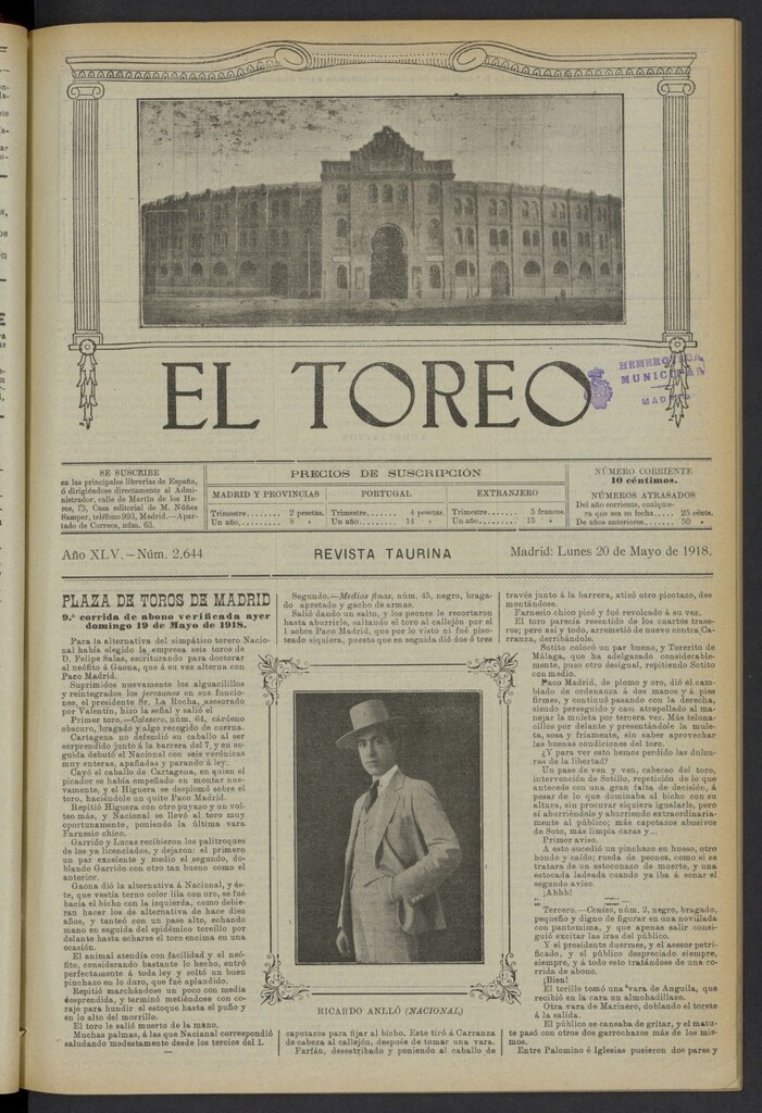 Miniatura de El Toreo: suplemento a "La Correspondencia Teatral" del 20 de mayo de 1918, nº 2644
