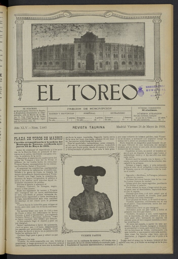 Miniatura de El Toreo: suplemento a "La Correspondencia Teatral" del 24 de mayo de 1918, nº 2645