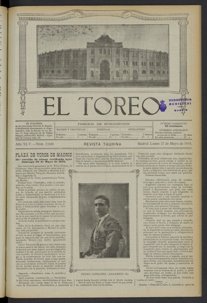 Miniatura de El Toreo: suplemento a "La Correspondencia Teatral" del 27 de mayo de 1918, nº 2646