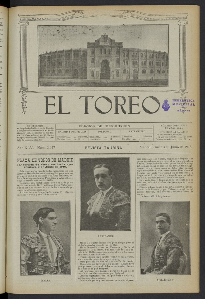 Miniatura de El Toreo: suplemento a "La Correspondencia Teatral" del 3 de junio de 1918, nº 2647