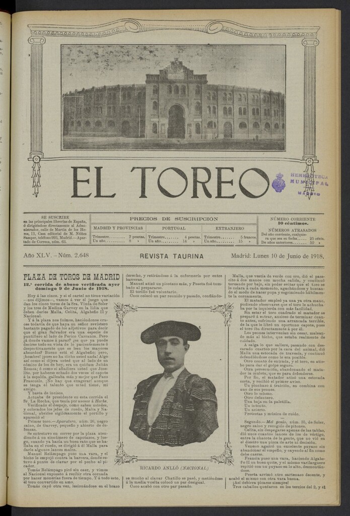 Miniatura de El Toreo: suplemento a "La Correspondencia Teatral" del 10 de junio de 1918, nº 2648