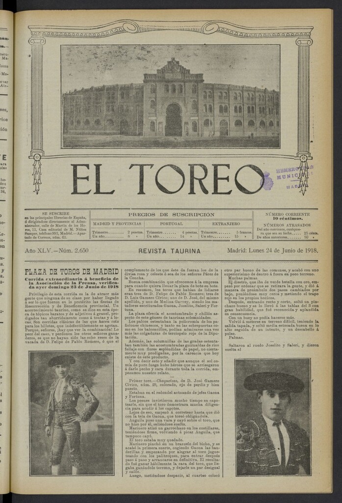 Miniatura de El Toreo: suplemento a "La Correspondencia Teatral" del 24 de junio de 1918, nº 2650