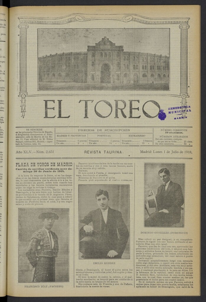 Miniatura de El Toreo: suplemento a "La Correspondencia Teatral" del 1 de julio de 1918, nº 2651
