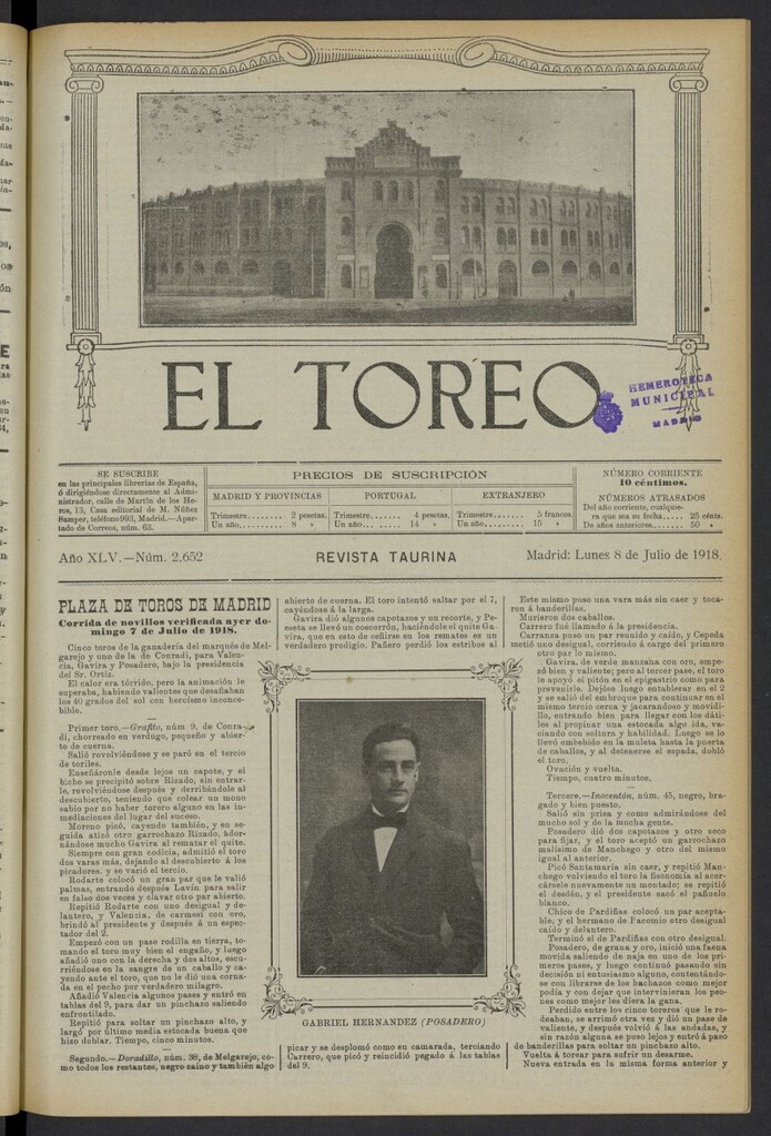 Miniatura de El Toreo: suplemento a "La Correspondencia Teatral" del 8 de julio de 1918, nº 2652
