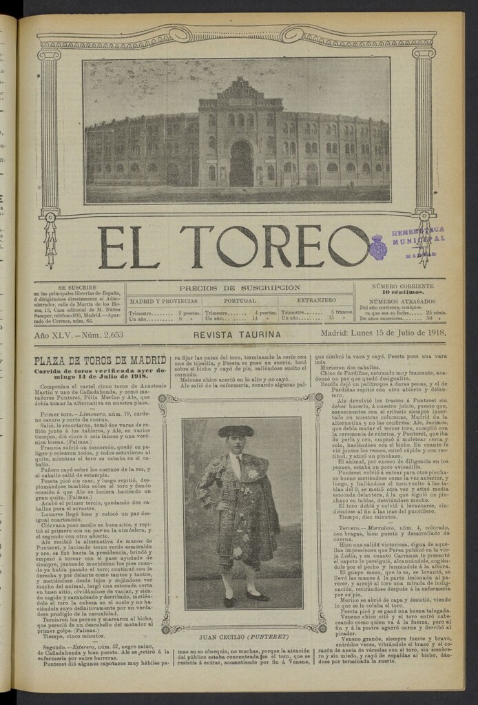 Miniatura de El Toreo: suplemento a "La Correspondencia Teatral" del 15 de julio de 1918, nº 2653