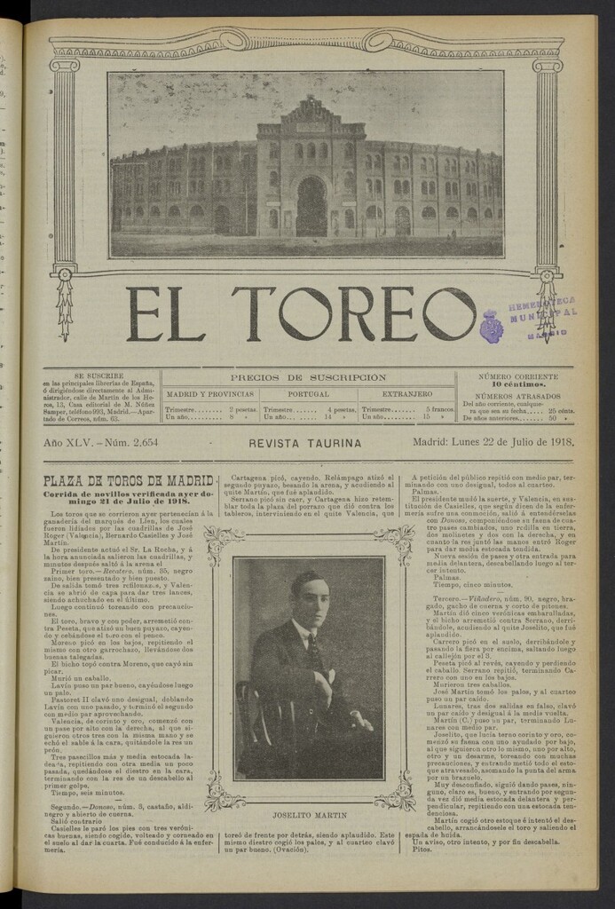 Miniatura de El Toreo: suplemento a "La Correspondencia Teatral" del 22 de julio de 1918, nº 2654