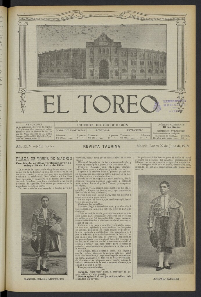 Miniatura de El Toreo: suplemento a "La Correspondencia Teatral" del 29 de julio de 1918, nº 2655