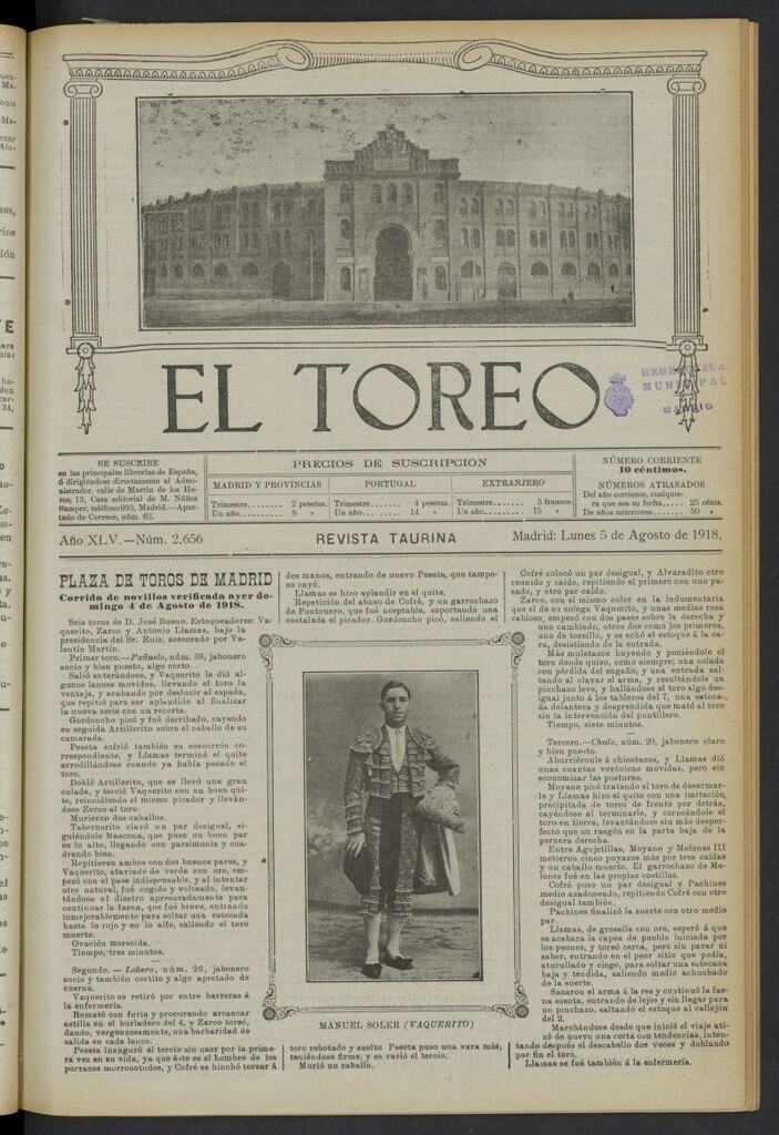 Miniatura de El Toreo: suplemento a "La Correspondencia Teatral" del 5 de agosto de 1918, nº 2656