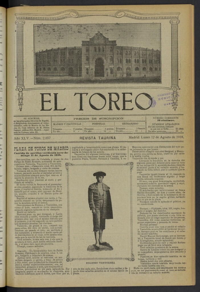 Miniatura de El Toreo: suplemento a "La Correspondencia Teatral" del 12 de agosto de 1918, nº 2657