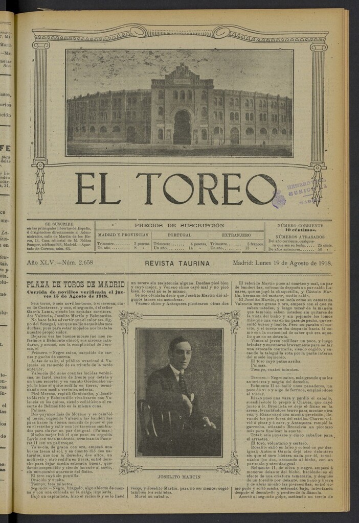 Miniatura de El Toreo: suplemento a "La Correspondencia Teatral" del 19 de agosto de 1918, nº 2658