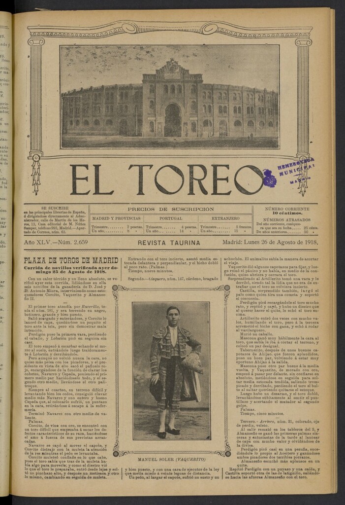 Miniatura de El Toreo: suplemento a "La Correspondencia Teatral" del 26 de agosto de 1918, nº 2659