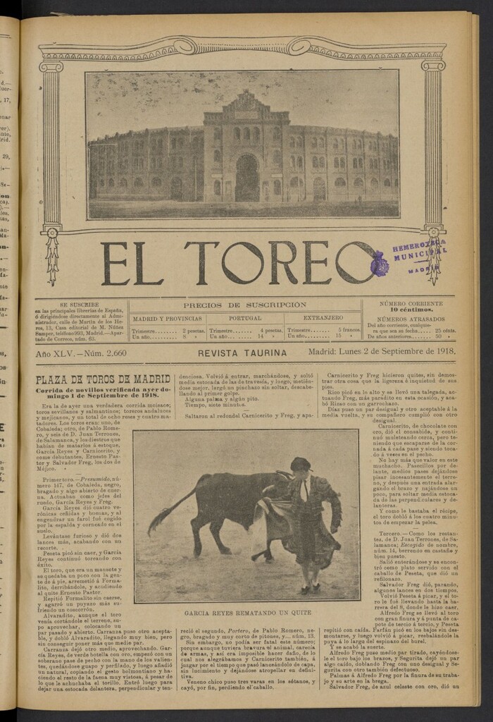 Miniatura de El Toreo: suplemento a "La Correspondencia Teatral" del 2 de septiembre de 1918, nº 2660
