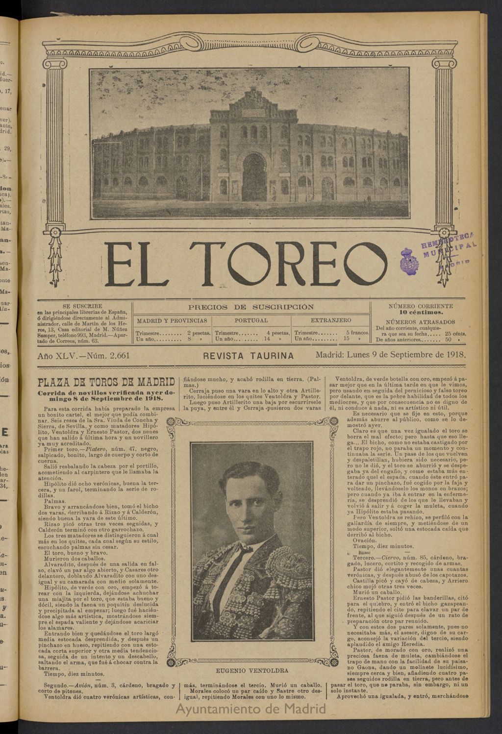 Miniatura de El Toreo: suplemento a "La Correspondencia Teatral" del 9 de septiembre de 1918, nº 2661