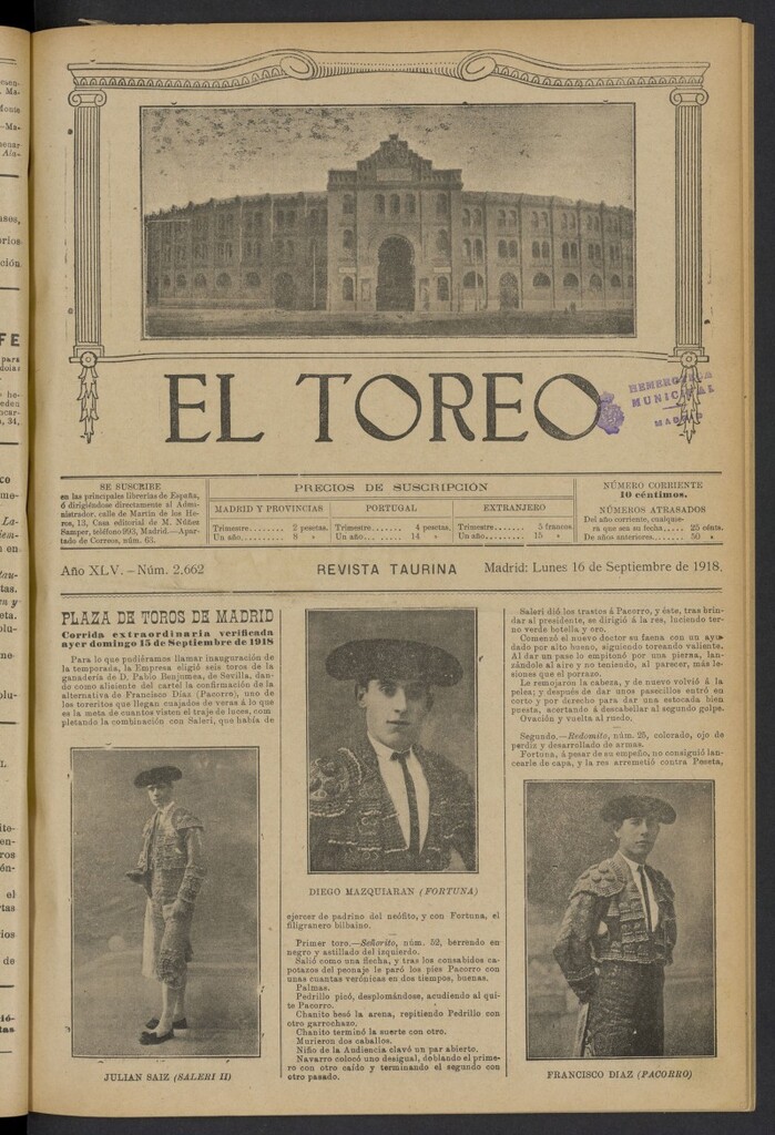 Miniatura de El Toreo: suplemento a "La Correspondencia Teatral" del 16 de septiembre de 1918, nº 2662
