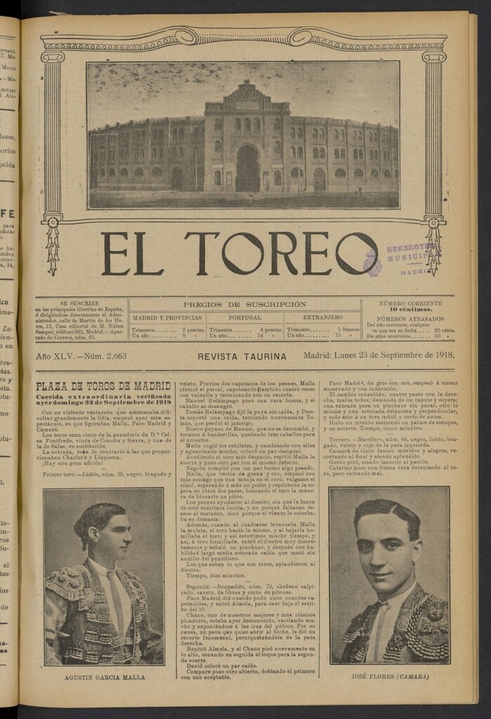 Miniatura de El Toreo: suplemento a "La Correspondencia Teatral" del 23 de septiembre de 1918, nº 2663
