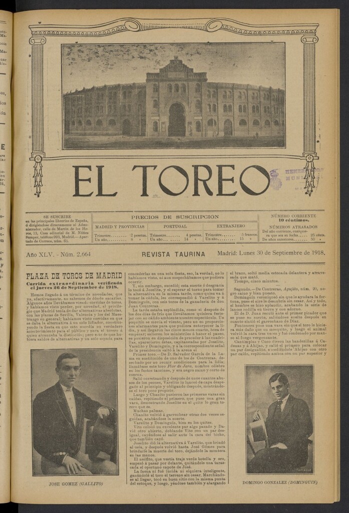 Miniatura de El Toreo: suplemento a "La Correspondencia Teatral" del 30 de septiembre de 1918, nº 2664