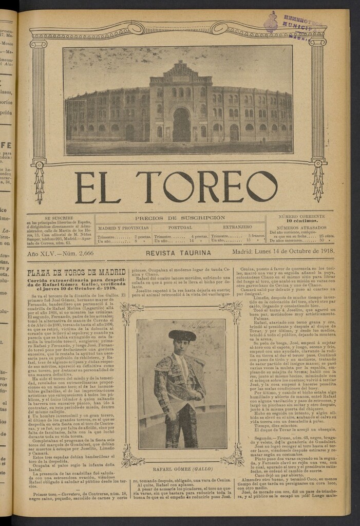 Miniatura de El Toreo: suplemento a "La Correspondencia Teatral" del 14 de octubre de 1918, nº 2666