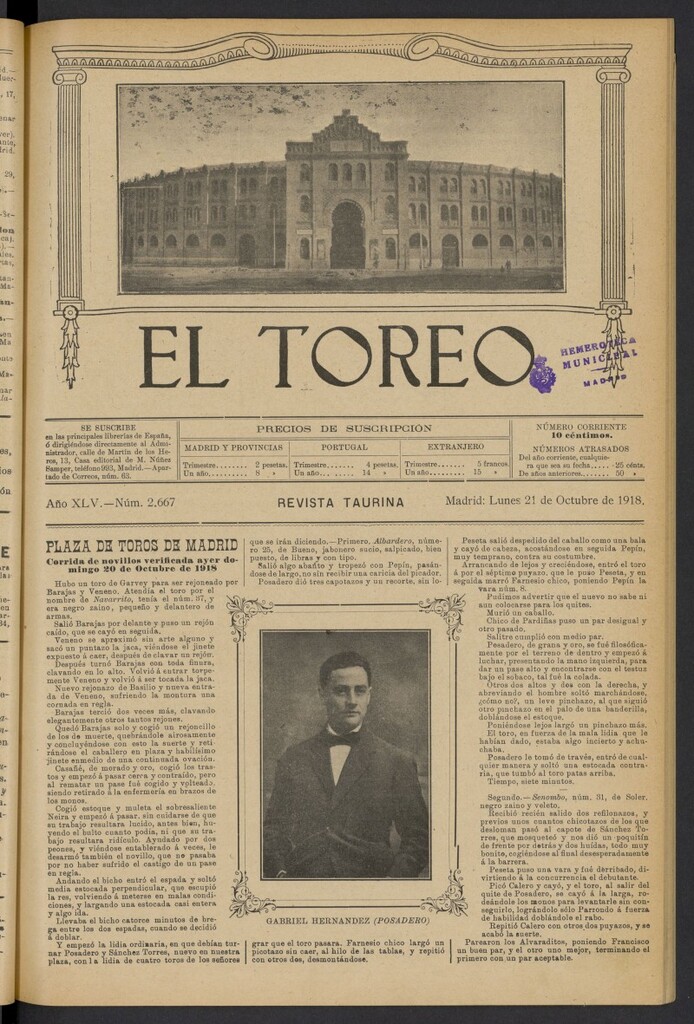 Miniatura de El Toreo: suplemento a "La Correspondencia Teatral" del 21 de octubre de 1918, nº 2667