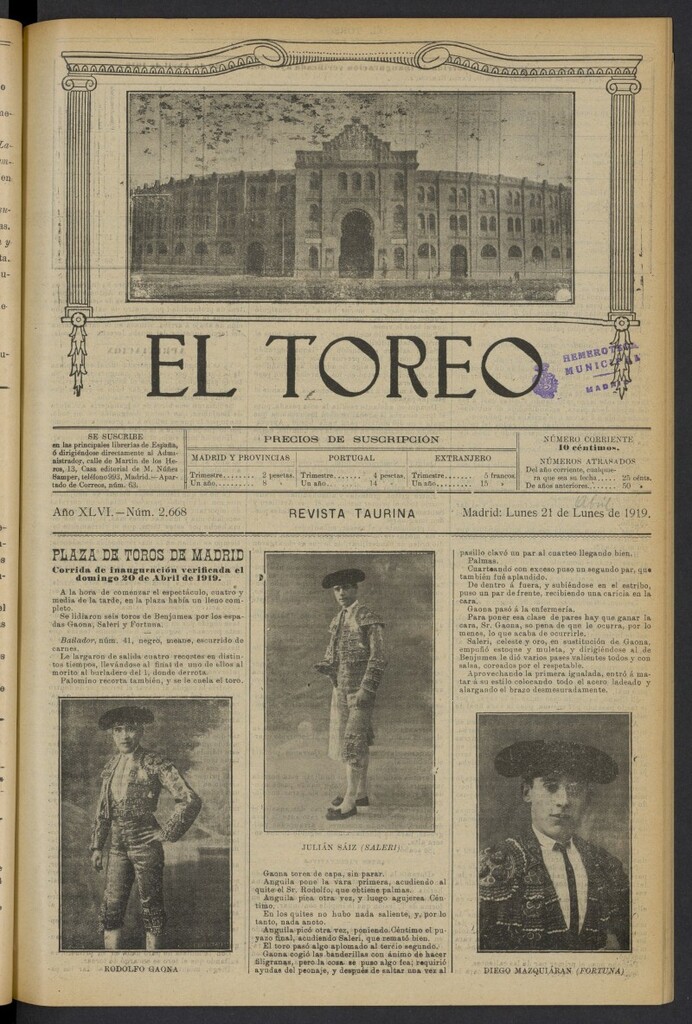 Miniatura de El Toreo: suplemento a "La Correspondencia Teatral" del 21 de abril de 1919, nº 2668
