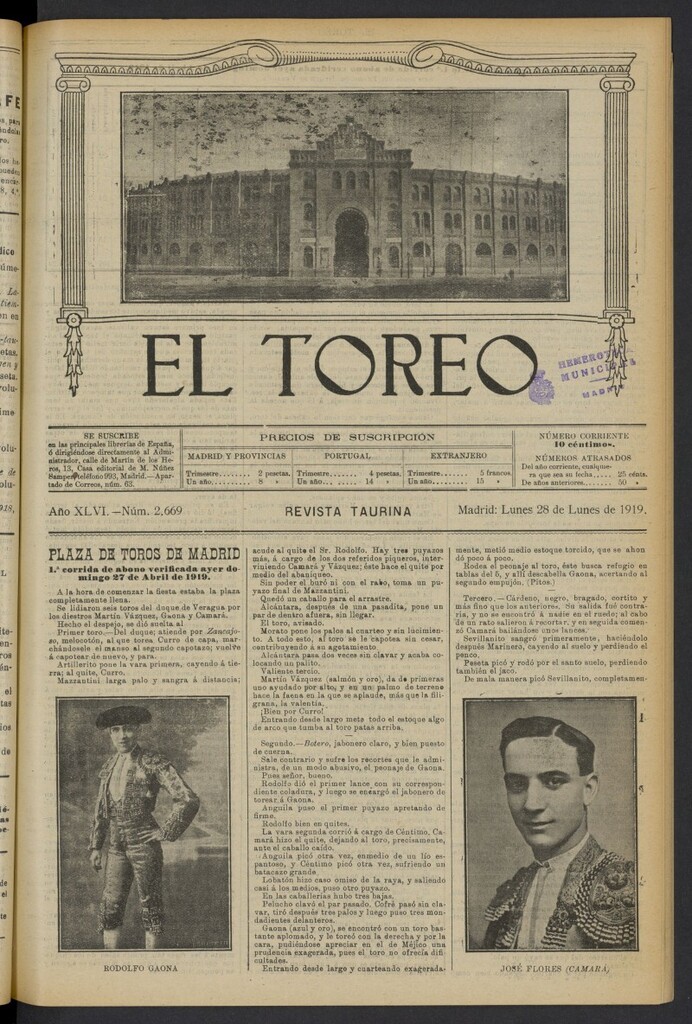 Miniatura de El Toreo: suplemento a "La Correspondencia Teatral" del 28 de abril de 1919, nº 2669