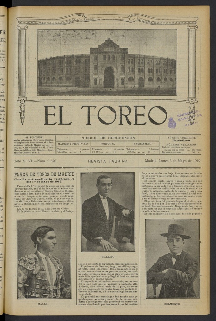 Miniatura de El Toreo: suplemento a "La Correspondencia Teatral" del 5 de mayo de 1919, nº 2670