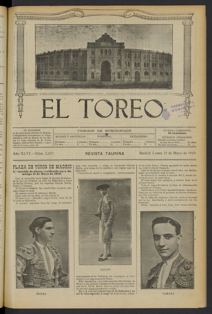 Miniatura de El Toreo: suplemento a "La Correspondencia Teatral" del 12 de mayo de 1919, nº 2671