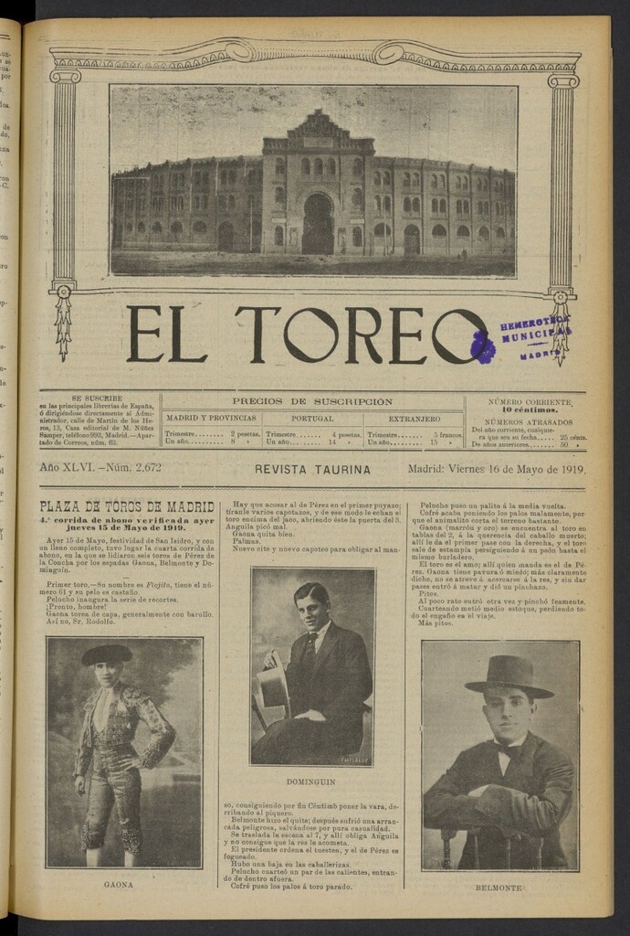 Miniatura de El Toreo: suplemento a "La Correspondencia Teatral" del 16 de mayo de 1919, nº 2672