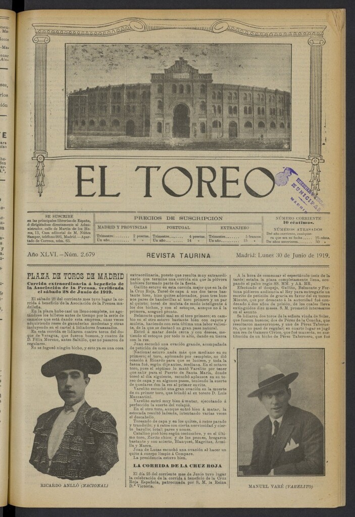 Miniatura de El Toreo: suplemento a "La Correspondencia Teatral" del 30 de junio de 1919, nº 2679