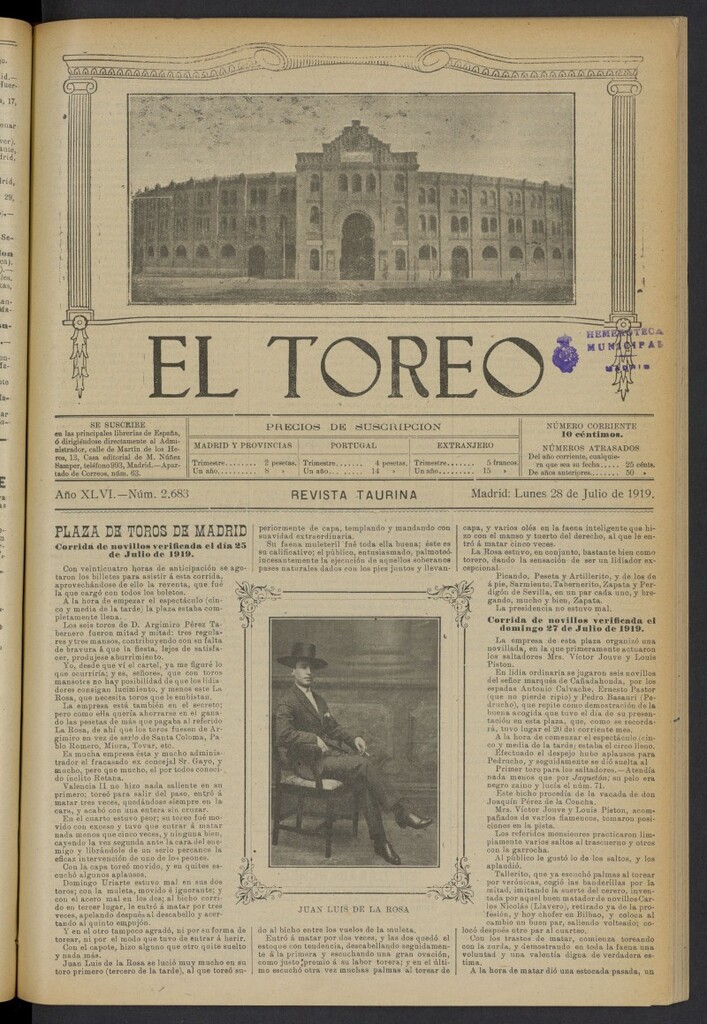 Miniatura de El Toreo: suplemento a "La Correspondencia Teatral" del 28 de julio de 1919, nº 2683