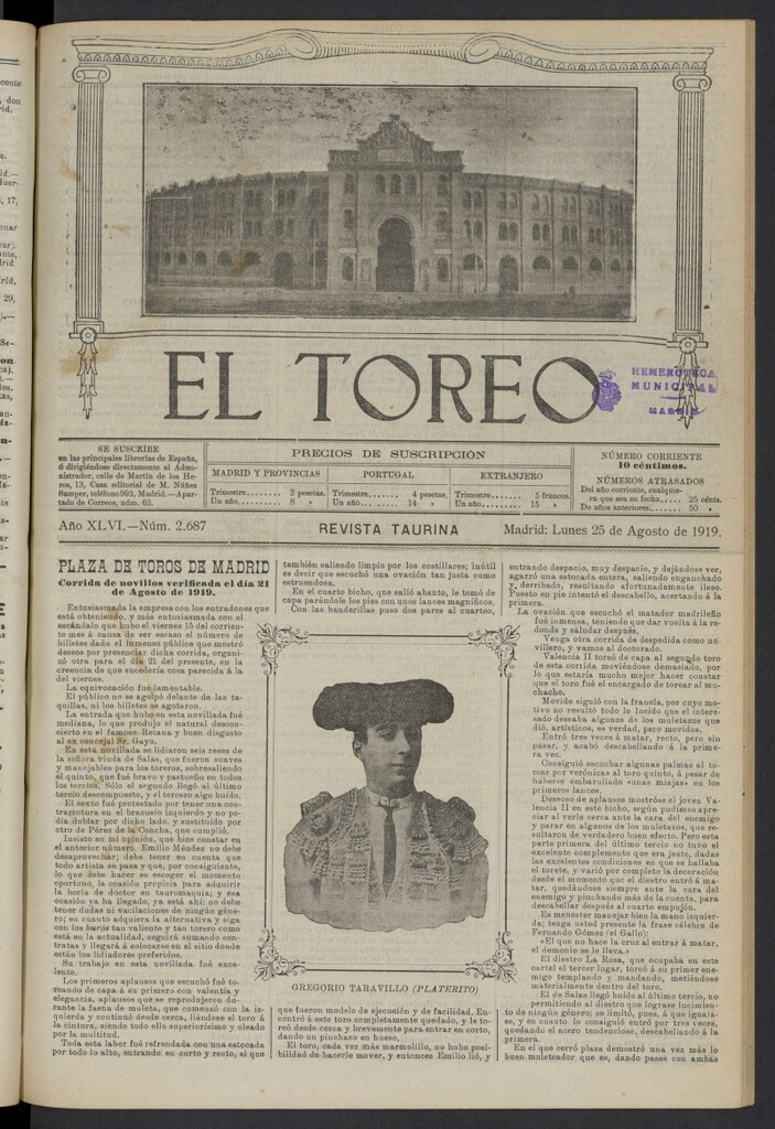Miniatura de El Toreo: suplemento a "La Correspondencia Teatral" del 25 de agosto de 1919, nº 2687