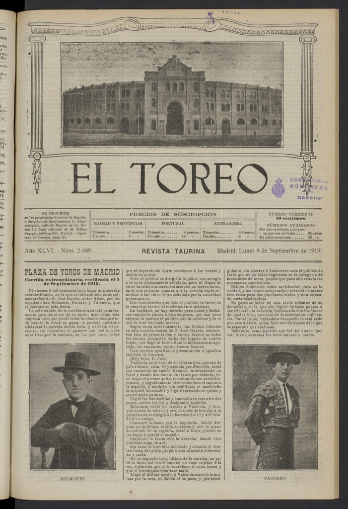 Miniatura de El Toreo: suplemento a "La Correspondencia Teatral" del 8 de septiembre de 1919, nº 2689