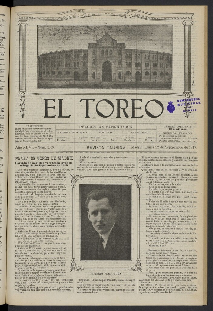 Miniatura de El Toreo: suplemento a "La Correspondencia Teatral" del 22 de septiembre de 1919, nº 2691