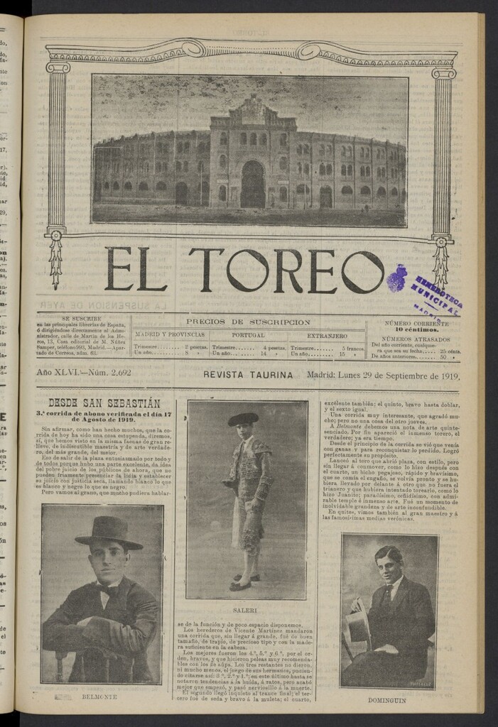 Miniatura de El Toreo: suplemento a "La Correspondencia Teatral" del 29 de septiembre de 1919, nº 2692