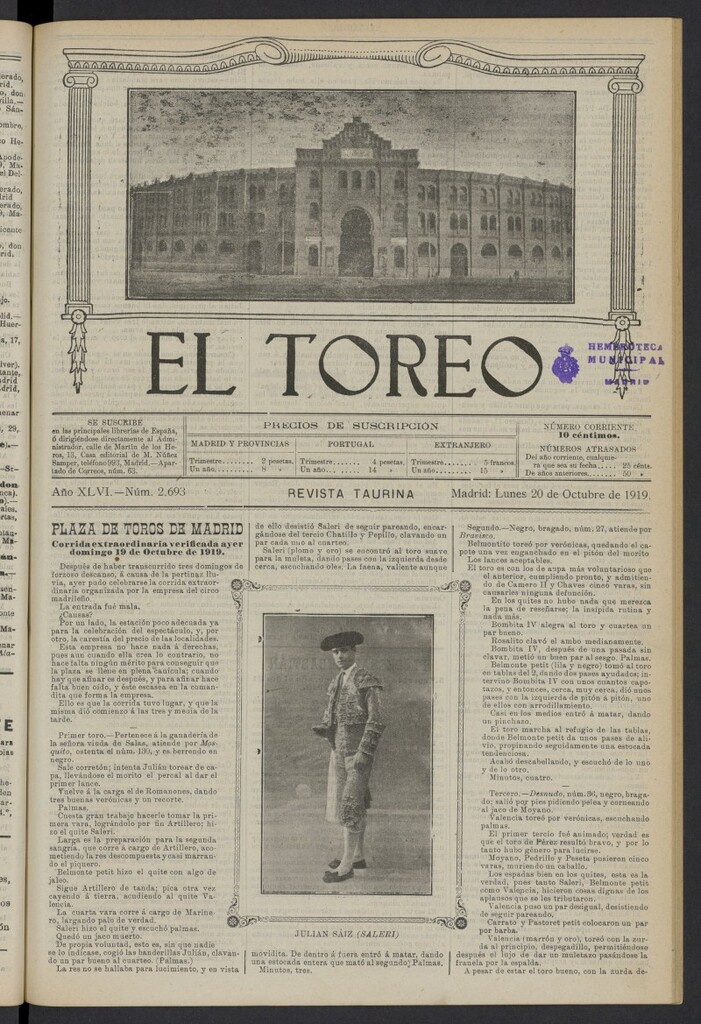Miniatura de El Toreo: suplemento a "La Correspondencia Teatral" del 20 de octubre de 1919, nº 2693