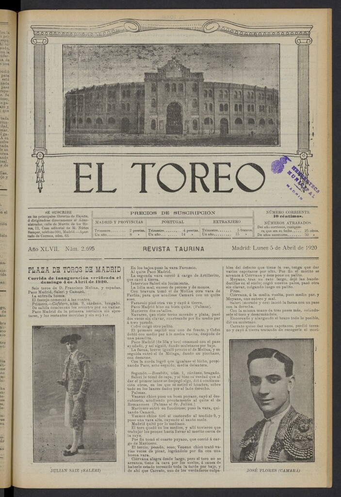 Miniatura de El Toreo: suplemento a "La Correspondencia Teatral" del 5 de abril de 1920, nº 2695