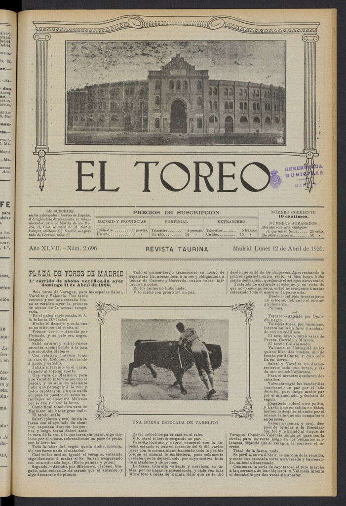 Miniatura de El Toreo: suplemento a "La Correspondencia Teatral" del 12 de abril de 1920, nº 2696