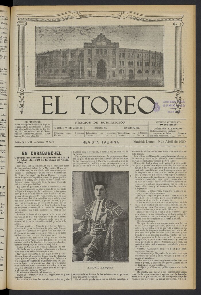 Miniatura de El Toreo: suplemento a "La Correspondencia Teatral" del 19 de abril de 1920, nº 2697