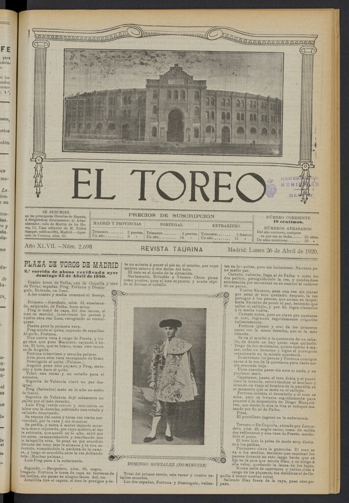 Miniatura de El Toreo: suplemento a "La Correspondencia Teatral" del 26 de abril de 1920, nº 2698