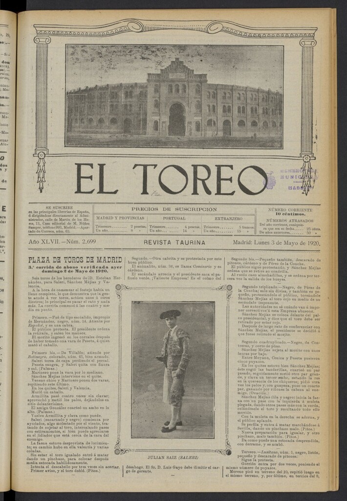 Miniatura de El Toreo: suplemento a "La Correspondencia Teatral" del 3 de mayo de 1920, nº 2699