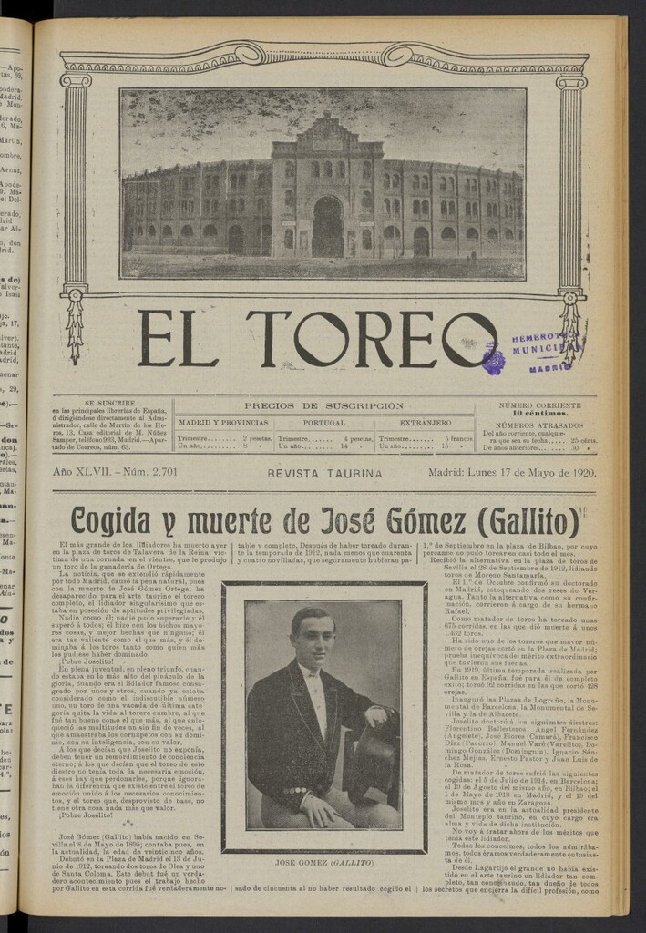 Miniatura de El Toreo: suplemento a "La Correspondencia Teatral" del 17 de mayo de 1920, nº 2701