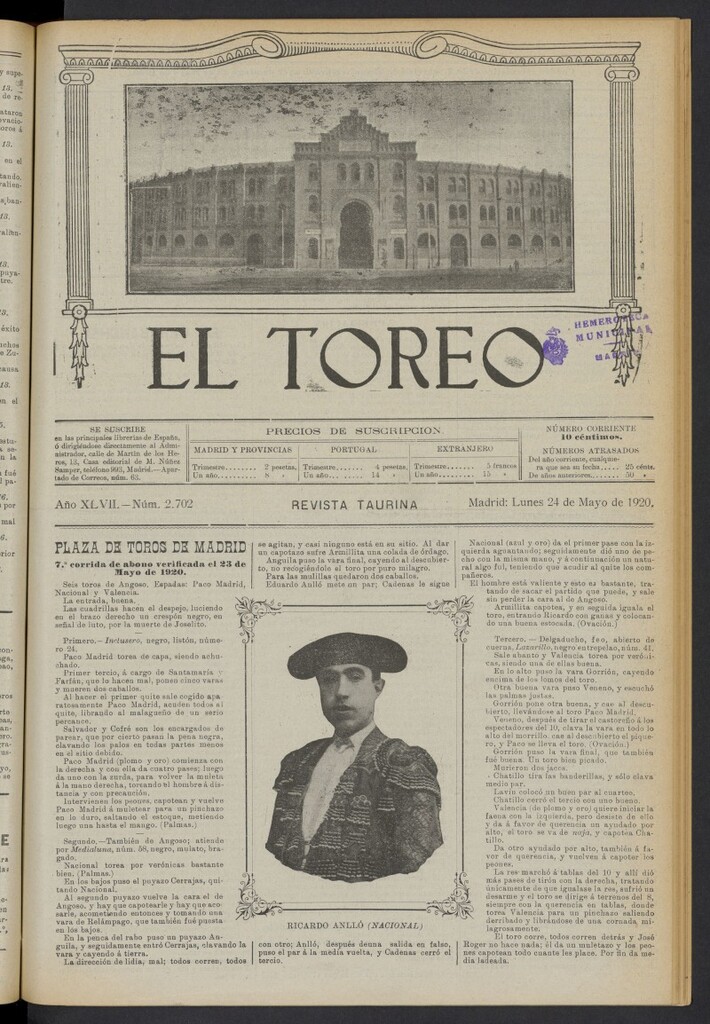 Miniatura de El Toreo: suplemento a "La Correspondencia Teatral" del 24 de mayo de 1920, nº 2702