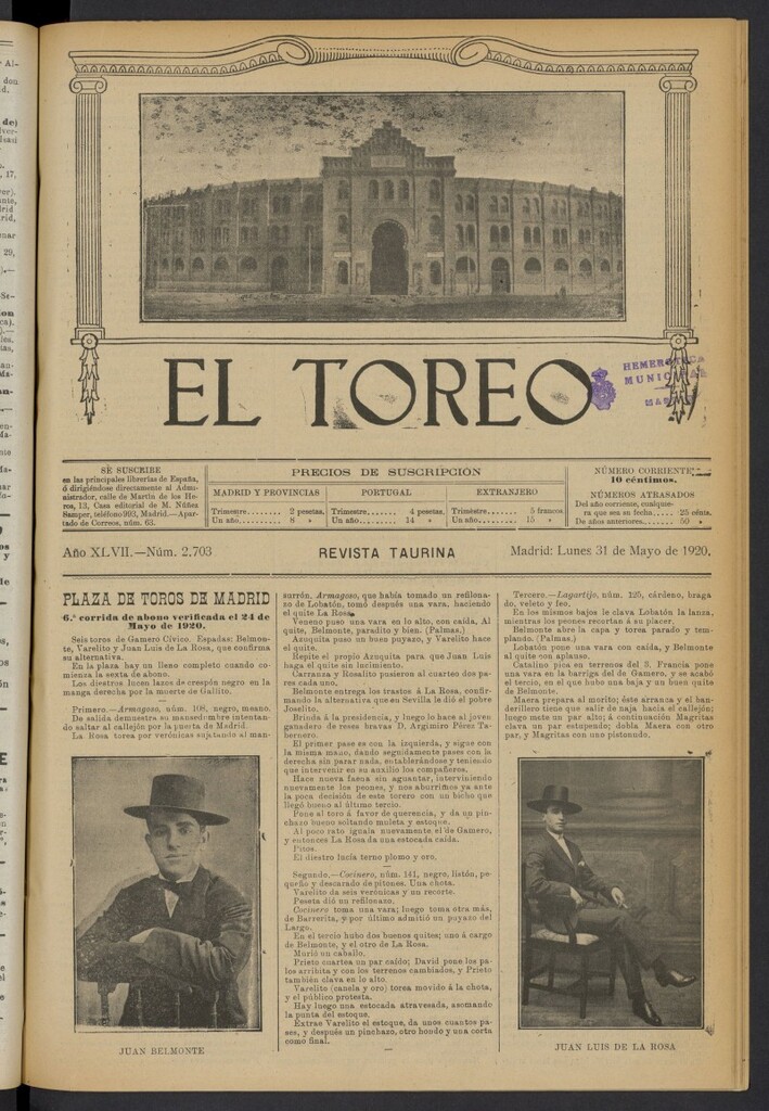 Miniatura de El Toreo: suplemento a "La Correspondencia Teatral" del 31 de mayo de 1920, nº 2703