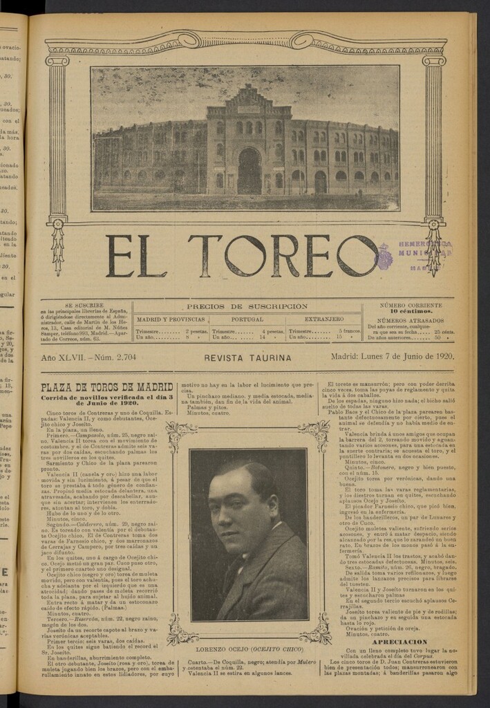 Miniatura de El Toreo: suplemento a "La Correspondencia Teatral" del 7 de junio de 1920, nº 2704
