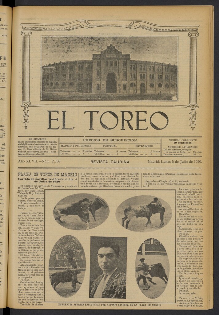 Miniatura de El Toreo: suplemento a "La Correspondencia Teatral" del 5 de julio de 1920, nº 2708