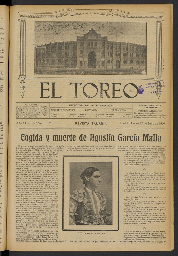 Miniatura de El Toreo: suplemento a "La Correspondencia Teatral" del 12 de julio de 1920, nº 2709
