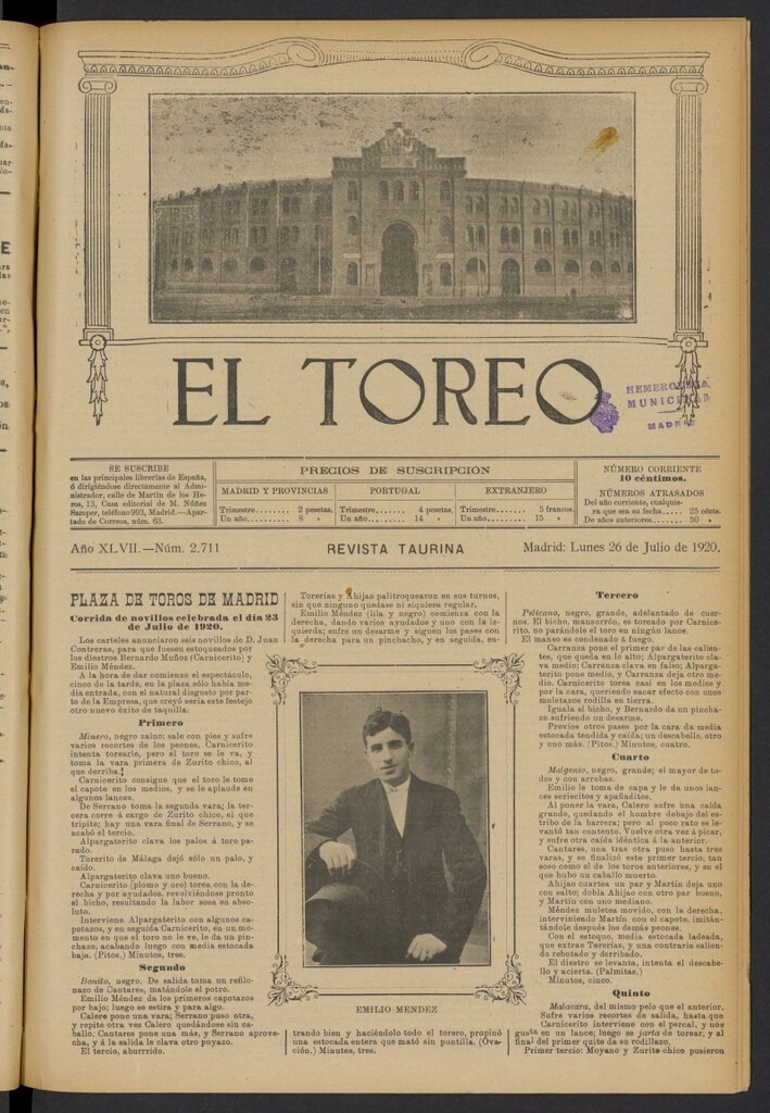 Miniatura de El Toreo: suplemento a "La Correspondencia Teatral" del 26 de julio de 1920, nº 2711