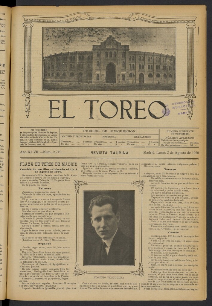 Miniatura de El Toreo: suplemento a "La Correspondencia Teatral" del 2 de agosto de 1920, nº 2712